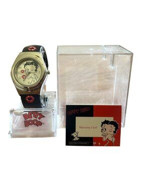 Betty Boop KFS/FS TM Hearst/FS Watch Black Leather Cuff Strap  Red Lip Design